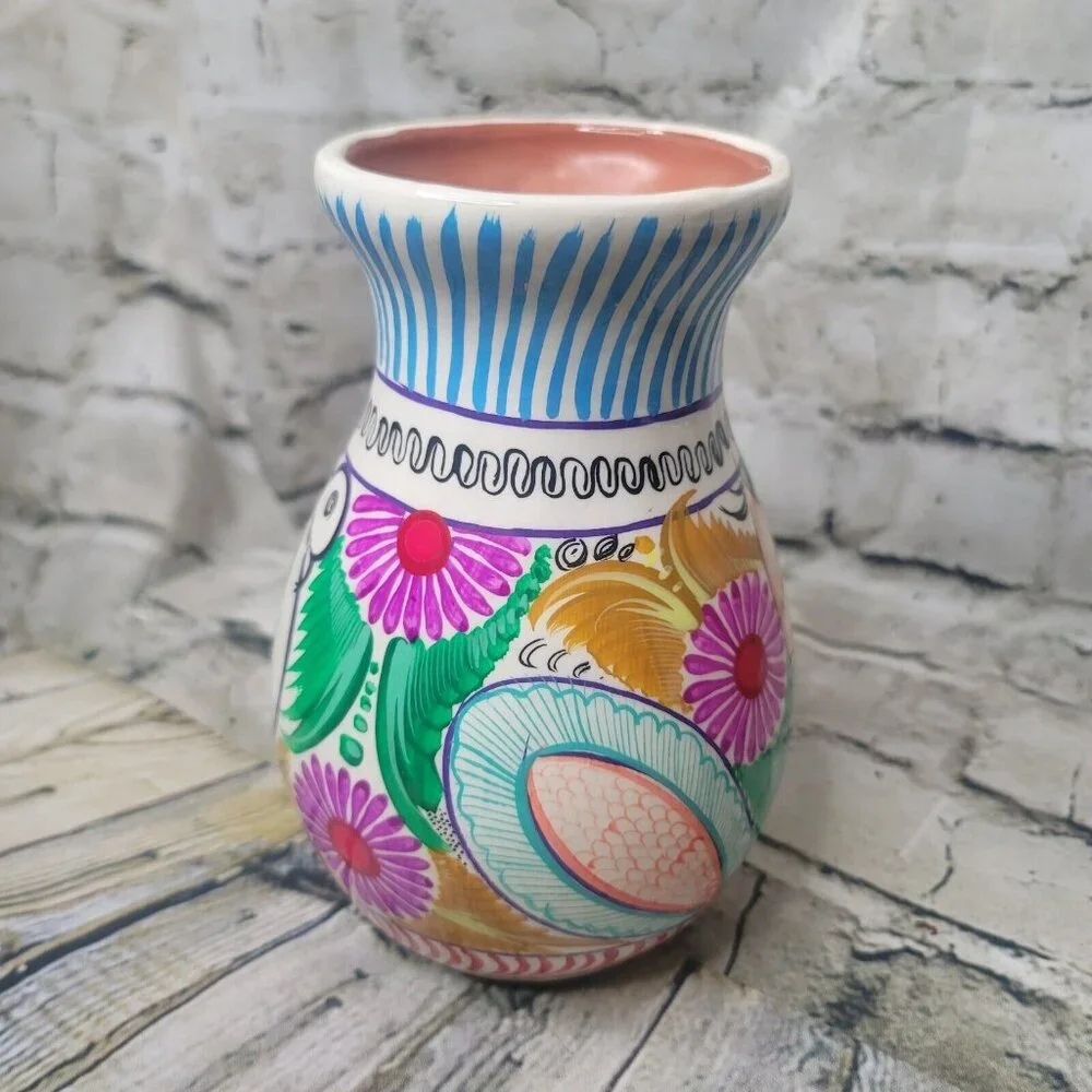 Mexican Folk Art Bright Vase Hand Painted Red Clay Pottery 7.5